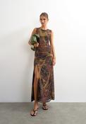 Caisa Mesh Check Tapestry Maxi Dress - Downtown Brown
