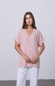 Baby Pink V-Neck Batwing Top with Pendant Necklace Elegant Loose Fit Short Sleeve Blouse image