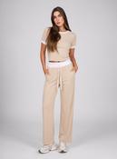 Beige Contrast Trim Lounge Set with Wide Leg Pants &amp; Cropped T-Shirt Co-ord image