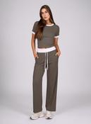 Beige Contrast Trim Lounge Set with Wide Leg Pants &amp; Cropped T-Shirt Co-ord image