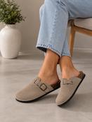Beige Comfort Buckle Cork Footbed Clogs Slip-On Faux Suede Mules image