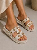 Beige Gold Seashell Embellished Flat Slider Sandals Summer Holiday Slides image
