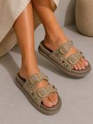 Beige Jewel Embellished Double Buckle Slider Sandals Trendy Flat Slip On Summer Slides image
