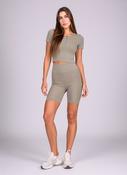 Beige Ribbed Seamless Two Piece Gym Set Zip Front Crop Top &amp; Cycling Shorts Co-ord image