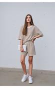 Beige Striped Knitted Co-Ord Shorts Set with Oversized Top Set image