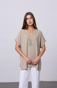 Beige V-Neck Batwing Top with Pendant Necklace Elegant Loose Fit Short Sleeve Blouse image