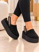 Black Fur Lined Platform Mule Clogs with Slingback Strap