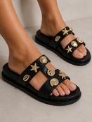 Black Gold Seashell Embellished Flat Slider Sandals Summer Holiday Slides image