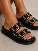 Black Jewel Embellished Double Buckle Slider Sandals Trendy Flat Slip On Summer Slides image