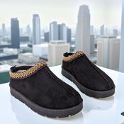 Black Snug Mule Faux Suede Clogs Comfortable Slip-On Shoes with Patterned Trim