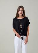 Black Tie-Front Batwing Sleeve Necklace Blouse Relaxed Fit Casual Top Summer Shirt image
