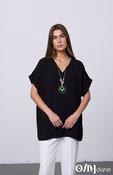 Black V-Neck Batwing Top with Pendant Necklace Elegant Loose Fit Short Sleeve Blouse image