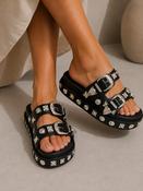 Black Western Buckle Embellished Platform Slider Sandals Studded Flat Slip On Summer Slides image