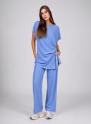 Blue Textured Side Scarf Tie Two Piece Trouser Set Short Sleeve Top &amp; Wide Leg Trousers image