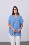 Blue V-Neck Batwing Top with Pendant Necklace Elegant Loose Fit Short Sleeve Blouse image