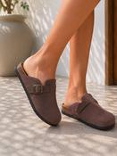 Brown Comfort Buckle Cork Footbed Clogs Slip-On Faux Suede Mules image