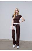Brown Contrast Trim Lounge Set with Wide Leg Pants &amp; Cropped T-Shirt Co-ord image