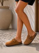 Camel Comfort Buckle Cork Footbed Clogs Slip-On Faux Suede Mules image