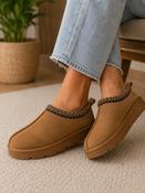 Camel Snug Mule Faux Suede Clogs Comfortable Slip-On Shoes with Patterned Trim image