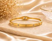 Gold Plated Stainless Steel Adjustable Bangle Bracelet with Sparking Cubic Zirconia - Elegant Screw Motif Design for Women image