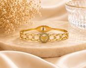 Elegant Gold Stainless Steel Adjustable Bangle Bracelet for Women - Heart &amp; Crystal Accents image