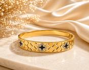 Elegant Gold Stainless Steel Adjustable Bangle Bracelet | Clover Design with Sparkling Zircon Accents image