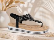 Black Cushion Diamante Platform Toe Post  Elastic Slingback Comfort Sandals image