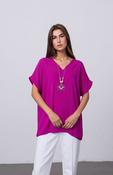 Fuchsia V-Neck Batwing Top with Pendant Necklace Elegant Loose Fit Short Sleeve Blouse image