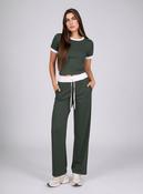 Khaki Green Contrast Trim Lounge Set with Wide Leg Pants &amp; Cropped T-Shirt Co-ord image