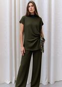 Khaki Green Textured Side Scarf Tie Two Piece Trouser Set Short Sleeve Top &amp; Wide Leg Trousers image