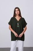 Khaki Green V-Neck Batwing Top with Pendant Necklace Elegant Loose Fit Short Sleeve Blouse image