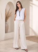 Light Beige Crinkle Pleated Wide Leg Trousers Elasticated Waist Pants image