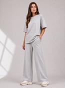 Light Grey Two Piece Co-Ord Set Oversize Top with Seam Detail Wide Leg Trousers
