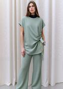 Mint Textured Side Scarf Tie Two Piece Trouser Set Short Sleeve Top &amp; Wide Leg Trousers image