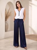 Navy Crinkle Pleated Wide Leg Trousers Elasticated Waist Pants image