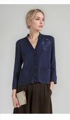 Navy Embroidered Floral Design Button Up Pocket Cardigan