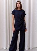 Navy Textured Side Scarf Tie Two Piece Trouser Set Short Sleeve Top &amp; Wide Leg Trousers image