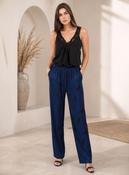 Navy Tie Dye Crinkle Pleated Wide Leg Trousers Elasticated Waist Printed Pants image