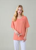 Orange Embroidered Round Neck T-Shirt Soft Casual Summer Top image