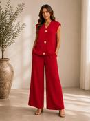 Red Textured Two Piece Co-Ord Set Sleeveless Gold Buttons Waistcoat &amp; Wide Leg Trousers image