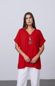 Red V-Neck Batwing Top with Pendant Necklace Elegant Loose Fit Short Sleeve Blouse image