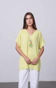 Yellow V-Neck Batwing Top with Pendant Necklace Elegant Loose Fit Short Sleeve Blouse image