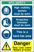 "SITE SAFETY -  High visibility jackets, protective footwear, helmets, trucks" Sign image