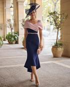 Couture Club - Fitted dress with cape and shoulder detail- Navy/Pink image