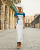 Couture Club - Dress with shoulder/waist flower motif - Ivory/Petrol