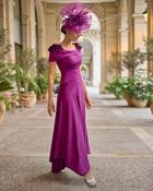 Couture Club - Dress with 3D flowers on shoulder - Satin - Eggplant image