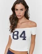 White Printed Off-Shoulder Cropped T-Shirt