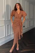 Drew Puff Sleeve Wrap Front Midi Brown Spot Dress
