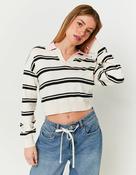Striped Cropped Tops With Polo Neck-Cream/Black/Pink image