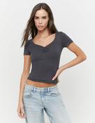 Grey Ruched V-Neck T-Shirt
